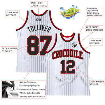 Custom White Black Pinstripe Black-Red Authentic Basketball Jersey