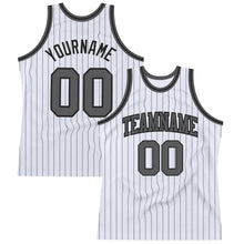 Load image into Gallery viewer, Custom White Black Pinstripe Steel Gray Authentic Basketball Jersey
