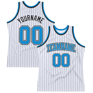 Custom White Black Pinstripe Blue-Gray Authentic Basketball Jersey