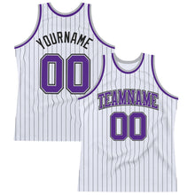 Load image into Gallery viewer, Custom White Black Pinstripe Purple-Gray Authentic Basketball Jersey
