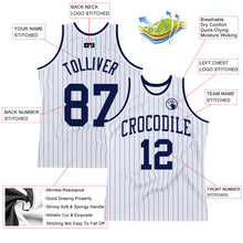 Load image into Gallery viewer, Custom White Navy Pinstripe Navy Authentic Basketball Jersey
