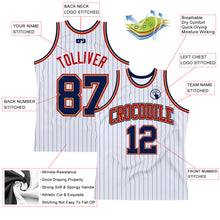 Laden Sie das Bild in den Galerie-Viewer, Custom White Navy Pinstripe Navy Old Gold-Red Authentic Basketball Jersey
