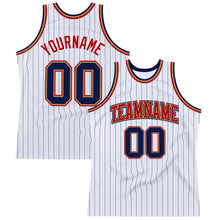Load image into Gallery viewer, Custom White Navy Pinstripe Navy Old Gold-Red Authentic Basketball Jersey
