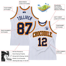 Load image into Gallery viewer, Custom White Navy Pinstripe Navy Gold-Orange Authentic Basketball Jersey
