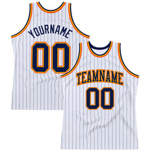 Load image into Gallery viewer, Custom White Navy Pinstripe Navy Gold-Orange Authentic Basketball Jersey
