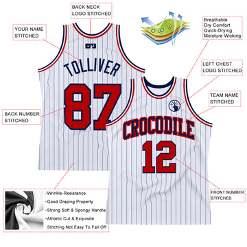 Custom White Navy Pinstripe Red Authentic Basketball Jersey