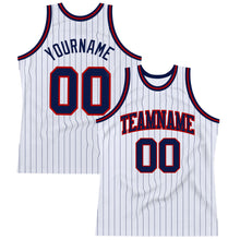 Load image into Gallery viewer, Custom White Navy Pinstripe Navy-Red Authentic Basketball Jersey
