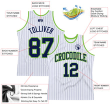 Load image into Gallery viewer, Custom White Navy Pinstripe Navy-Neon Green Authentic Basketball Jersey
