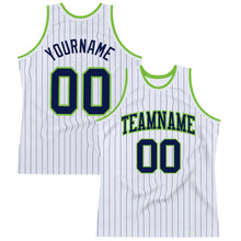 Load image into Gallery viewer, Custom White Navy Pinstripe Navy-Neon Green Authentic Basketball Jersey
