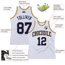 Load image into Gallery viewer, Custom White Navy Pinstripe Navy-Old Gold Authentic Basketball Jersey
