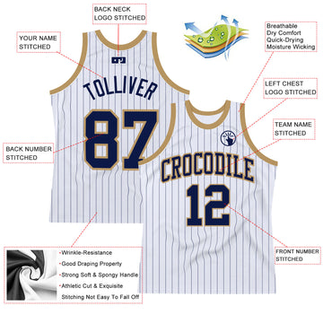 Custom White Navy Pinstripe Navy-Old Gold Authentic Basketball Jersey