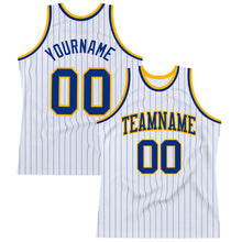 Laden Sie das Bild in den Galerie-Viewer, Custom White Royal Pinstripe Royal-Gold Authentic Basketball Jersey
