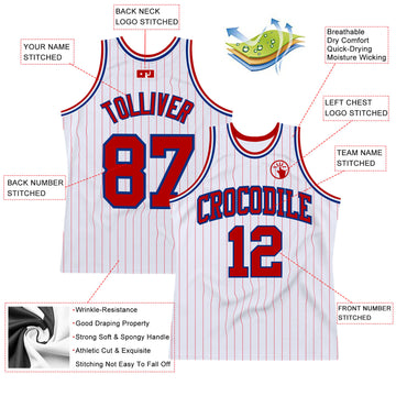 Custom White Red Pinstripe Red-Royal Authentic Basketball Jersey
