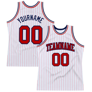 Custom White Red Pinstripe Red-Navy Authentic Basketball Jersey