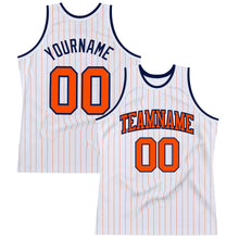 Laden Sie das Bild in den Galerie-Viewer, Custom White Orange Pinstripe Orange-Navy Authentic Basketball Jersey
