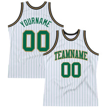 Laden Sie das Bild in den Galerie-Viewer, Custom White Kelly Green Pinstripe Kelly Green Old Gold-Black Authentic Basketball Jersey
