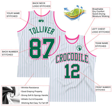 Custom White Kelly Green Pinstripe Kelly Green-Pink Authentic Basketball Jersey