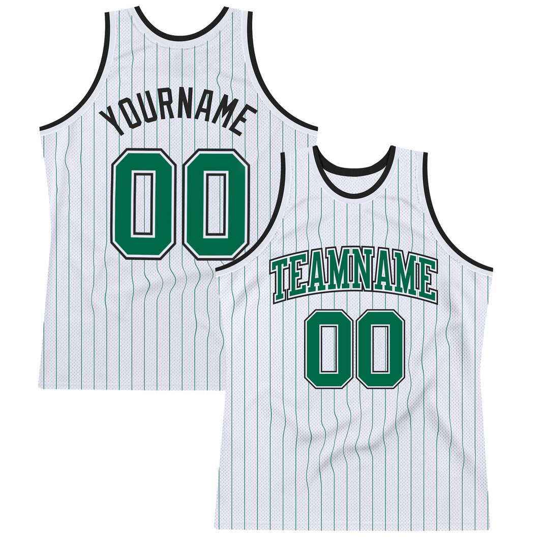 Custom White Kelly Green Pinstripe Kelly Green-Black Authentic Basketball Jersey