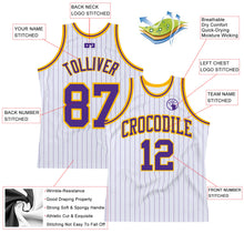 Laden Sie das Bild in den Galerie-Viewer, Custom White Purple Pinstripe Purple-Gold Authentic Basketball Jersey
