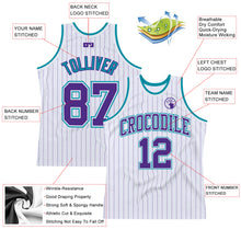 Laden Sie das Bild in den Galerie-Viewer, Custom White Purple Pinstripe Purple-Teal Authentic Basketball Jersey
