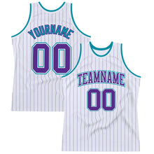 Load image into Gallery viewer, Custom White Purple Pinstripe Purple-Teal Authentic Basketball Jersey

