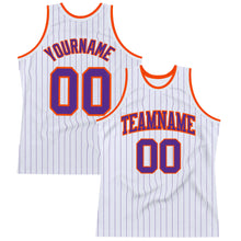 Laden Sie das Bild in den Galerie-Viewer, Custom White Purple Pinstripe Purple-Orange Authentic Basketball Jersey

