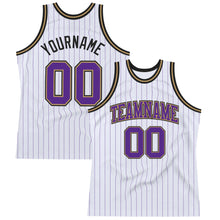 Laden Sie das Bild in den Galerie-Viewer, Custom White Purple Pinstripe Purple Old Gold-Black Authentic Basketball Jersey
