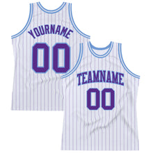 Laden Sie das Bild in den Galerie-Viewer, Custom White Purple Pinstripe Purple-Light Blue Authentic Basketball Jersey
