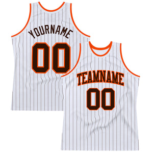 Custom White Brown Pinstripe Brown-Orange Authentic Basketball Jersey