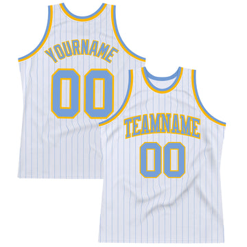 Custom White Light Blue Pinstripe Light Blue-Gold Authentic Basketball Jersey