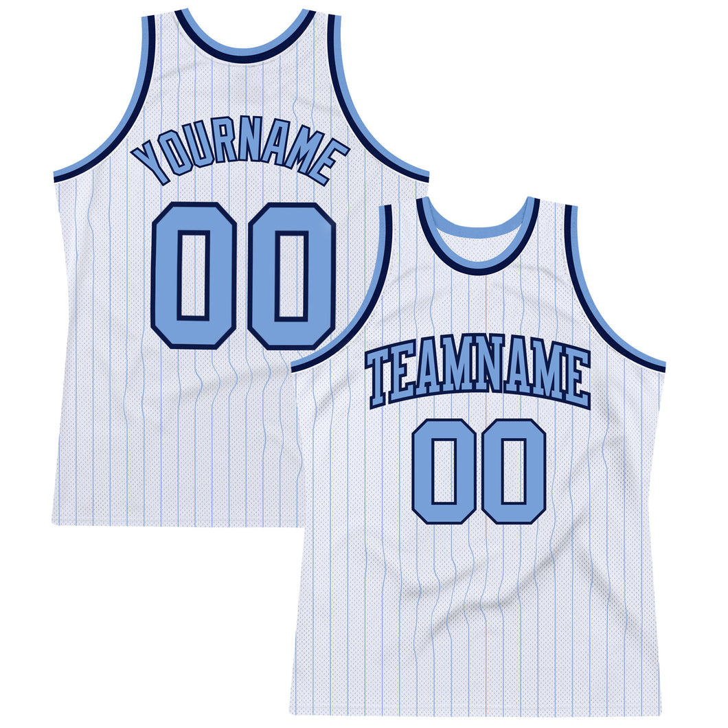 Custom White Light Blue Pinstripe Light Blue-Navy Authentic Basketball Jersey