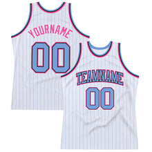 Load image into Gallery viewer, Custom White Light Blue Pinstripe Light Blue Black-Pink Authentic Basketball Jersey
