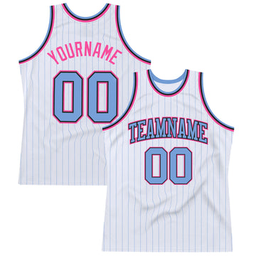 Custom White Light Blue Pinstripe Light Blue Black-Pink Authentic Basketball Jersey