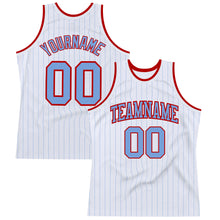 Load image into Gallery viewer, Custom White Light Blue Pinstripe Light Blue-Red Authentic Basketball Jersey
