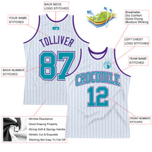 Laden Sie das Bild in den Galerie-Viewer, Custom White Teal Pinstripe Teal-Purple Authentic Basketball Jersey
