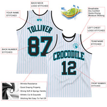 Laden Sie das Bild in den Galerie-Viewer, Custom White Teal Pinstripe Black Authentic Basketball Jersey
