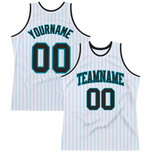 Laden Sie das Bild in den Galerie-Viewer, Custom White Teal Pinstripe Black Authentic Basketball Jersey
