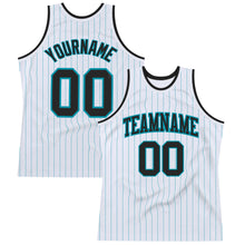 Load image into Gallery viewer, Custom White Teal Pinstripe Black Authentic Basketball Jersey
