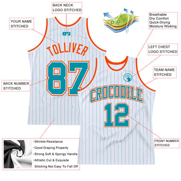 Custom White Teal Pinstripe Teal-Orange Authentic Basketball Jersey