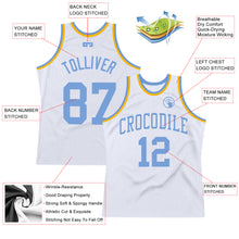 Load image into Gallery viewer, Custom White Light Blue-Gold Authentic Throwback Basketball Jersey
