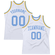 Laden Sie das Bild in den Galerie-Viewer, Custom White Light Blue-Gold Authentic Throwback Basketball Jersey
