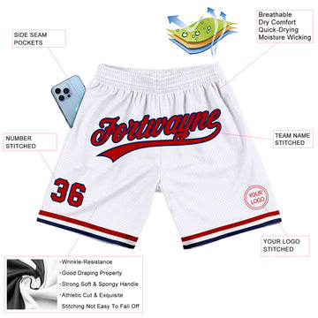 Custom White Red-Navy Authentic Throwback Basketball Shorts