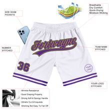 Load image into Gallery viewer, Custom White Purple Old Gold-Black Authentic Throwback Basketball Shorts
