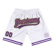 Load image into Gallery viewer, Custom White Purple Old Gold-Black Authentic Throwback Basketball Shorts
