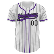 Load image into Gallery viewer, Custom White Black Pinstripe Purple Authentic Baseball Jersey
