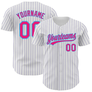 Custom White Purple Pinstripe Hot Pink-Sky Blue Authentic Baseball Jersey