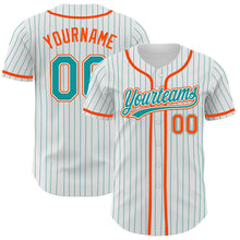 Загрузить изображение в средство просмотра галереи, Custom White Teal Pinstripe Teal-Orange Authentic Baseball Jersey
