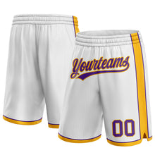 Laden Sie das Bild in den Galerie-Viewer, Custom White Purple-Gold Authentic Basketball Shorts
