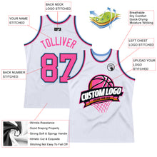 Load image into Gallery viewer, Custom White Pink Black-Light Blue Authentic Throwback Basketball Jersey
