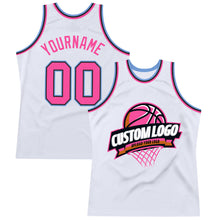 Load image into Gallery viewer, Custom White Pink Black-Light Blue Authentic Throwback Basketball Jersey
